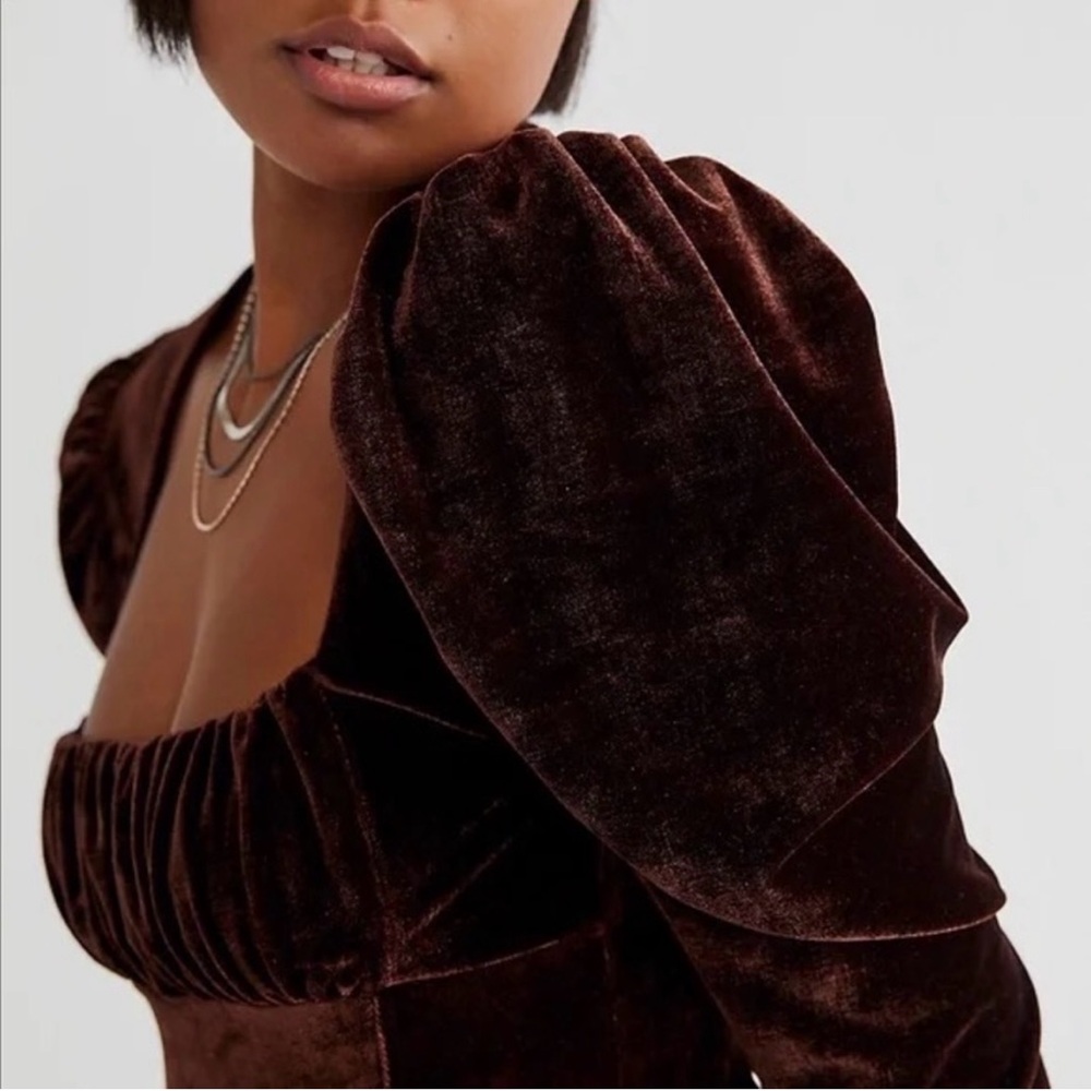 Free People Hold Me Velvet Long Puff Sleeve Top in Brown - Picture 3 of 9